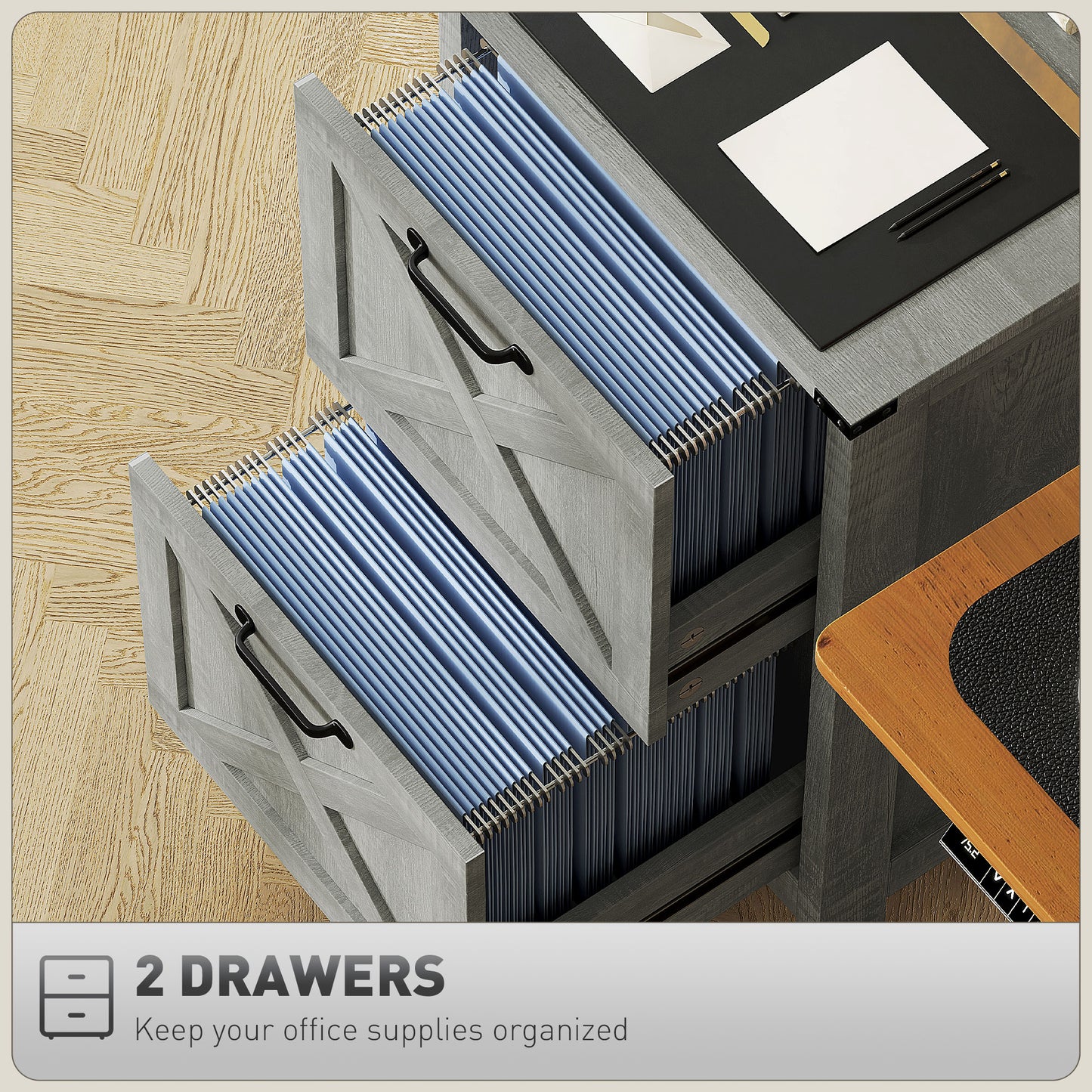 Vertical Filing Cabinet with 2 Drawers, Rustic Farmhouse Office Storage Cabinet for A4, Letter Size, Stone Grey