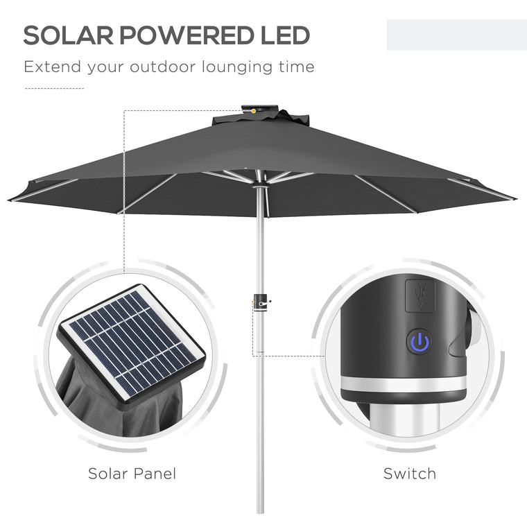 Charcoal Grey LED Patio Umbrella with Solar & USB Charging