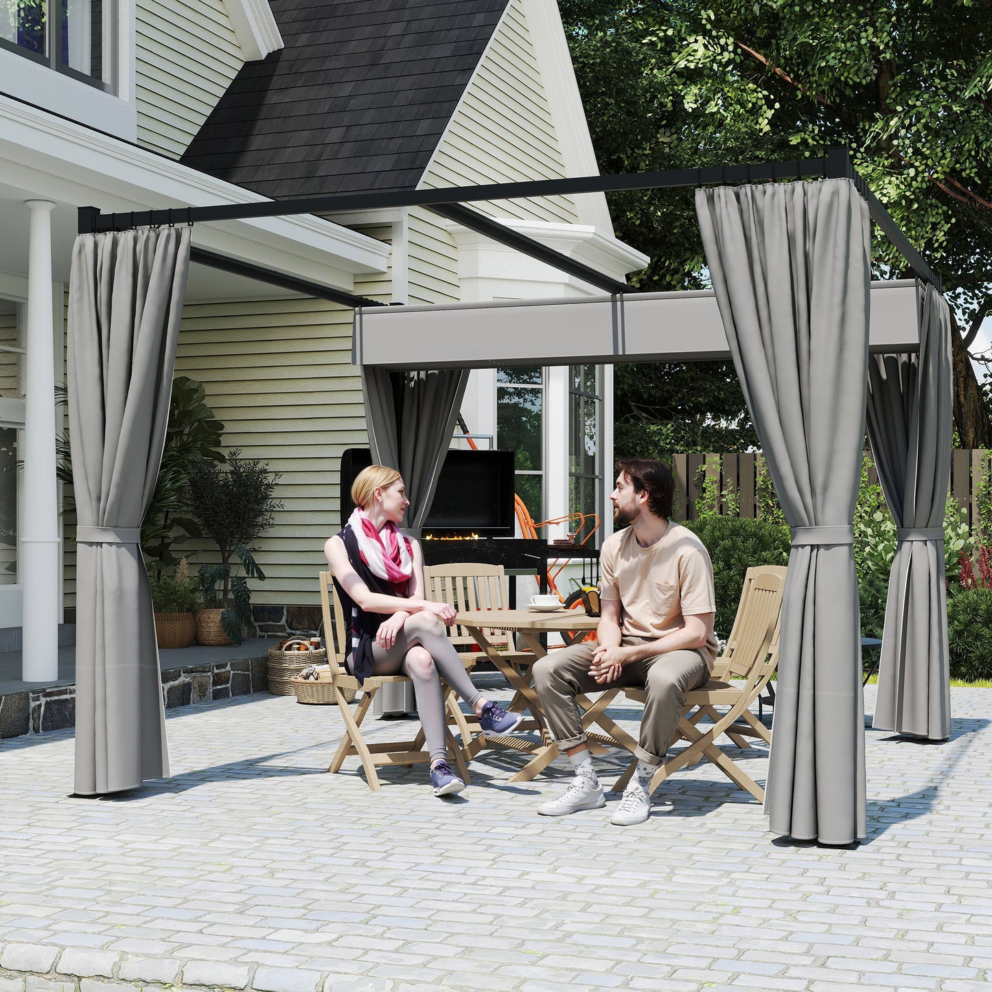 10' x 10' Retractable Pergola Canopy with Sidewalls, Metal Outdoor Gazebo Sun Shade Shelter, Light Grey