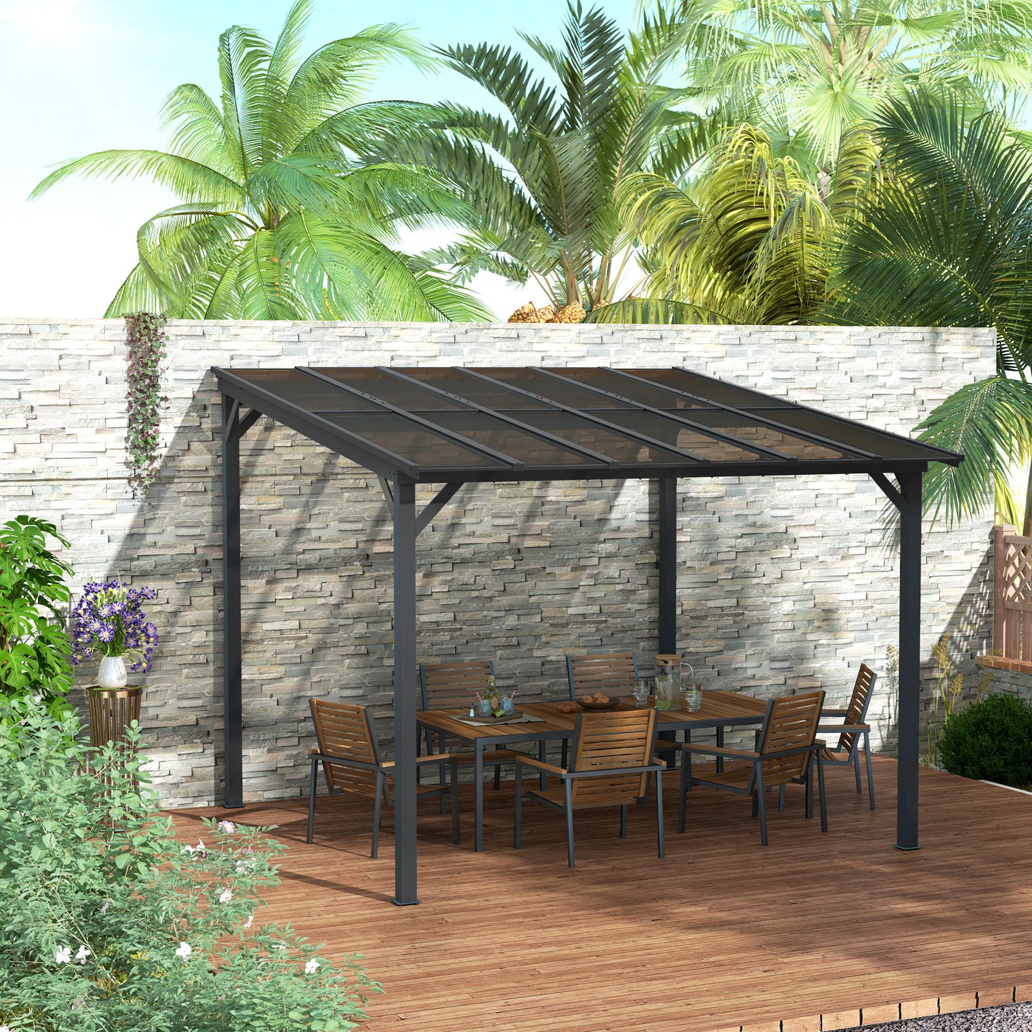 Hardtop Gazebo Wall-Mounted / Free Standing Outdoor Pergola with UPF 50+ & Waterproof Polycarbonate Roof