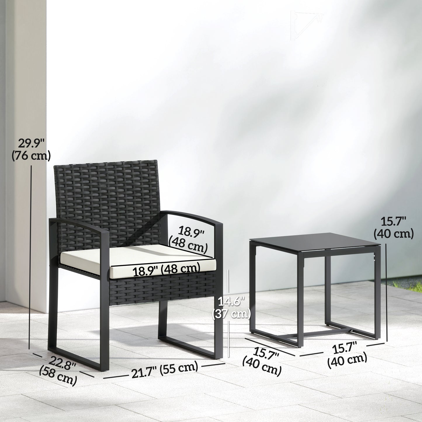 Outdoor Bistro Set, 3 Piece Wicker Patio Furniture Set with Glass Top Table and Cushions for Porch, Balcony, Cream White