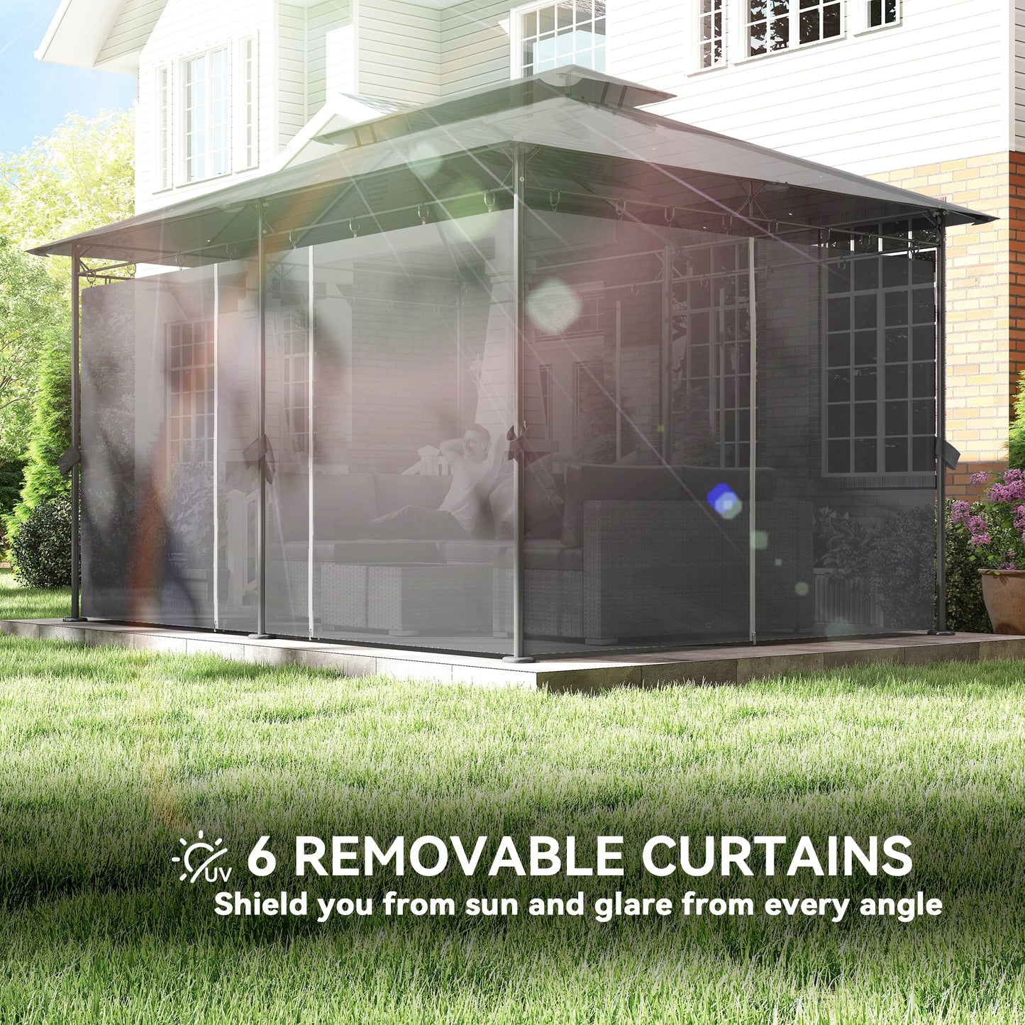 10' x 13' Double Roof Patio Gazebo, Outdoor Gazebo with Curtains, for Garden, Lawn, Backyard and Deck, Grey