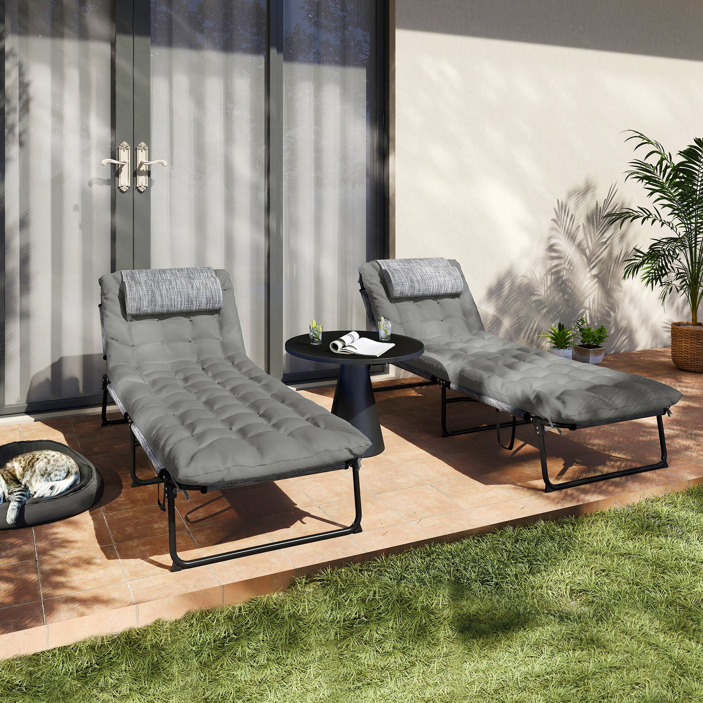 2-Piece Folding Lounge Chairs with Adjustable Backrest, Tanning Chair with Cushion, Side Pocket, Headrest, Beige