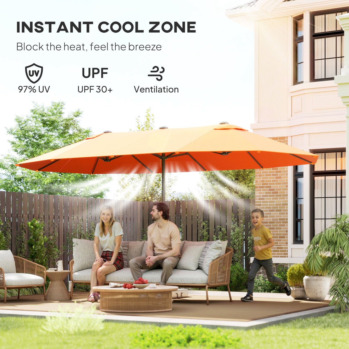 15' Orange Twin Canopy Steel Table Umbrella