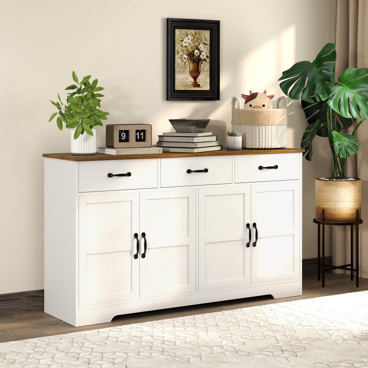 Sideboard Buffet Cabinet with Storage, Modern Coffee Bar Cabinet with 3 Drawers and Adjustable Shelves, Distressed White
