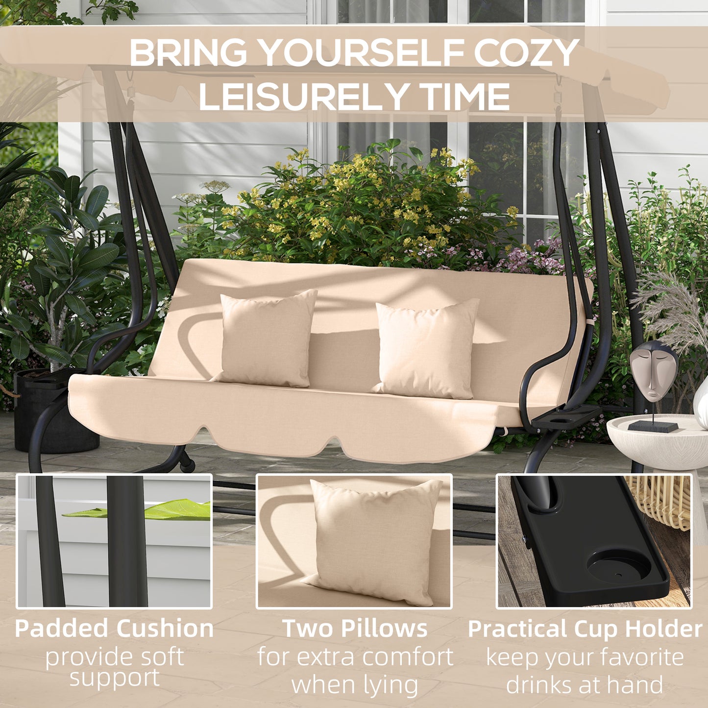 3-Seat Outdoor Patio Swing Chair, 2-in-1 Convertible Flat Bed, Canopy Swing with Adjustable Shade, Removable Cushions, Cup Holder, Light Brown