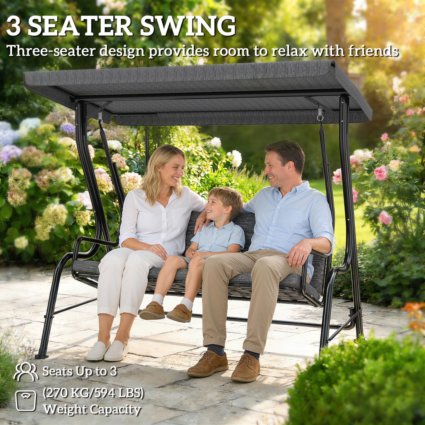 3-Person Patio Swing Chair with Canopy 3 Seater Porch Swing for Garden, Backyard, Poolside, Light Grey