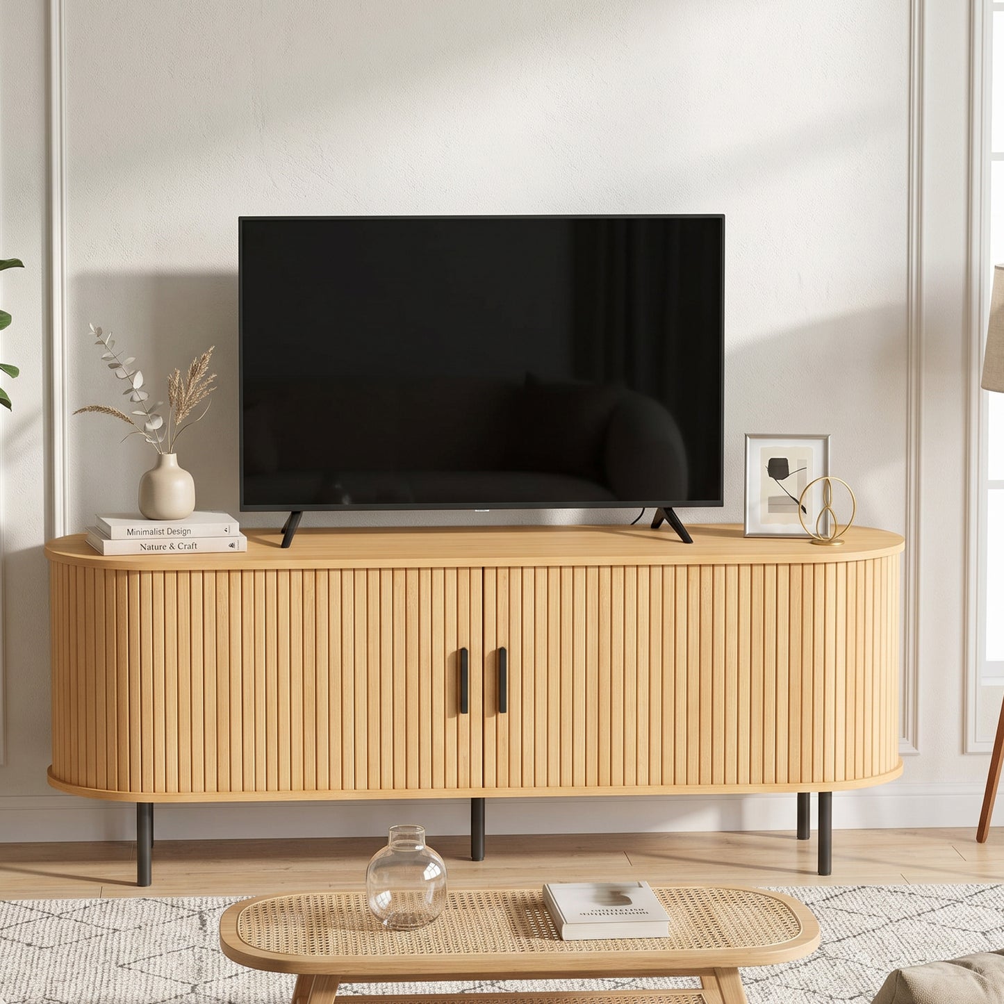 TV Stand for TVs up to 60", Modern Entertainment Center with Curved Sliding Doors, Natural Wood