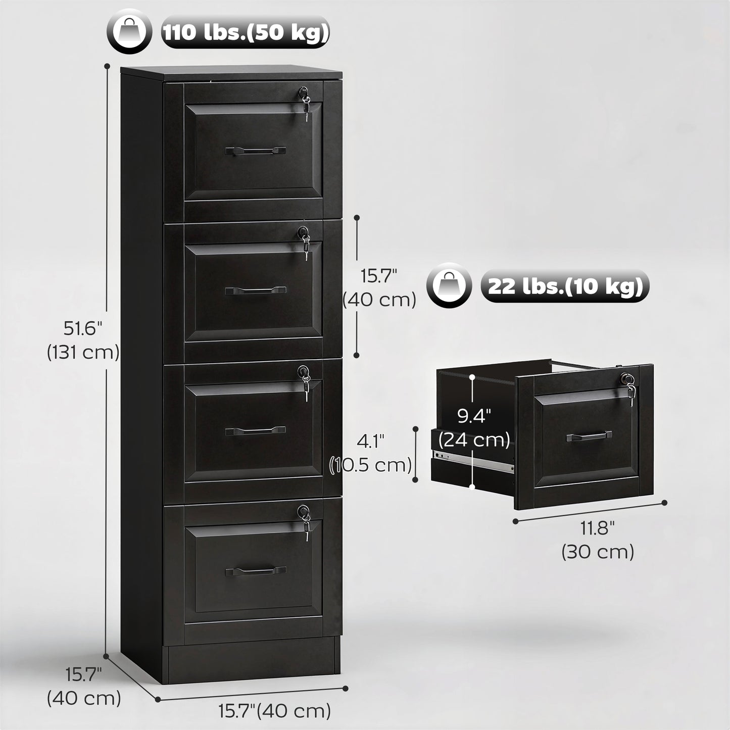 4 Drawer File Cabinet with Lock, Vertical Filing Cabinet with Adjustable Hanging Bars for A4 and Letter Size, Black