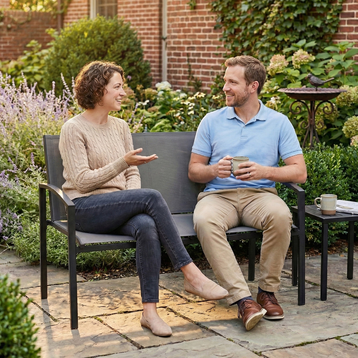 Outdoor Garden Bench, 44 in Metal Patio Garden Park Bench with Breathable Mesh Fabric, 528 lb Load Capacity, Grey