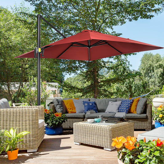 8' x 8' Square Patio Hanging Offset Umbrella with 360° Rotation, Aluminum Outdoor Cantilever Parasol with Crank & Tilt, Sun Canopy Shelter with Cross Base, Wine Red