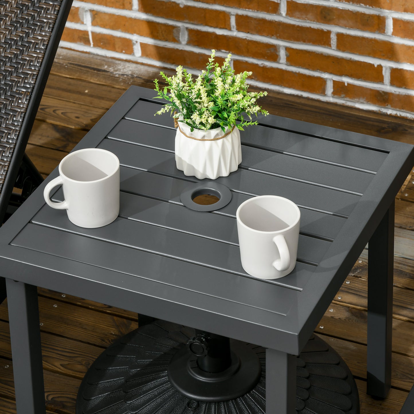 Outdoor Side Table, Patio End Table with Umbrella Hole, Small Coffee Table with Steel Frame for Balcony, Black