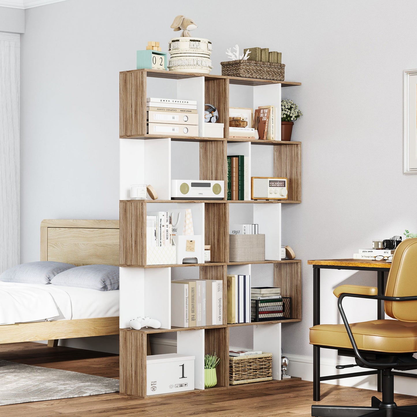 5-Tier Geometric Bookcase Display Shelf Storage Shelf Modern Room Divider Living Room Home Office Furniture, White