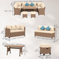 6 Pieces Patio Furniture Set, Outdoor Wicker Sofa Set, All Weather PE Rattan Conversation Furniture, with Strip Wood Grain Plastic Coffee Table & Cushions, Khaki