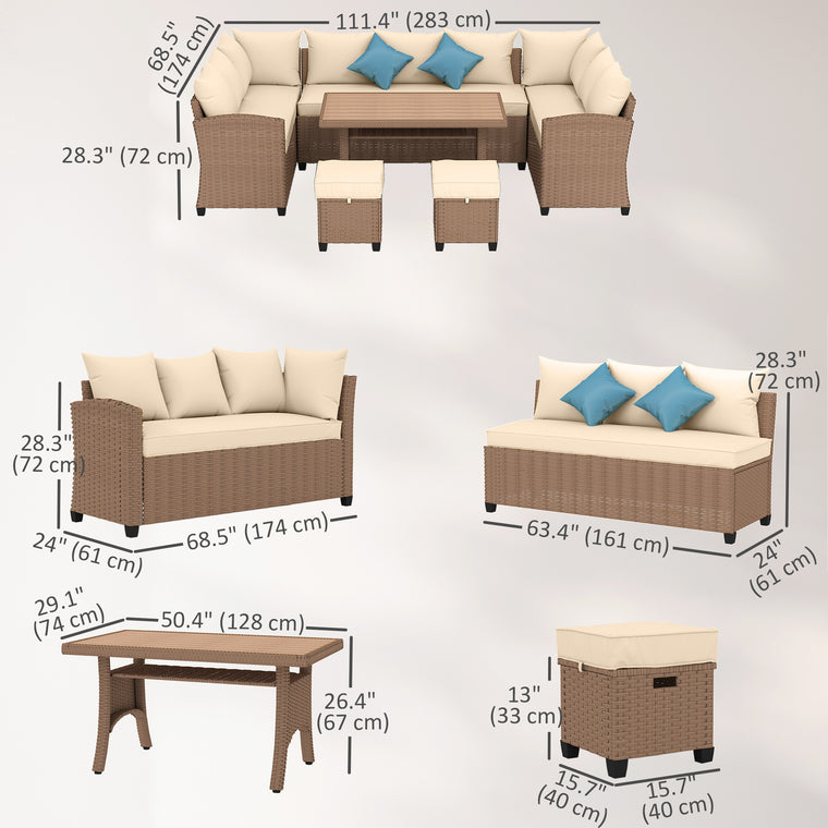 Khaki 6-Piece Wicker Sofa Set with Coffee Table