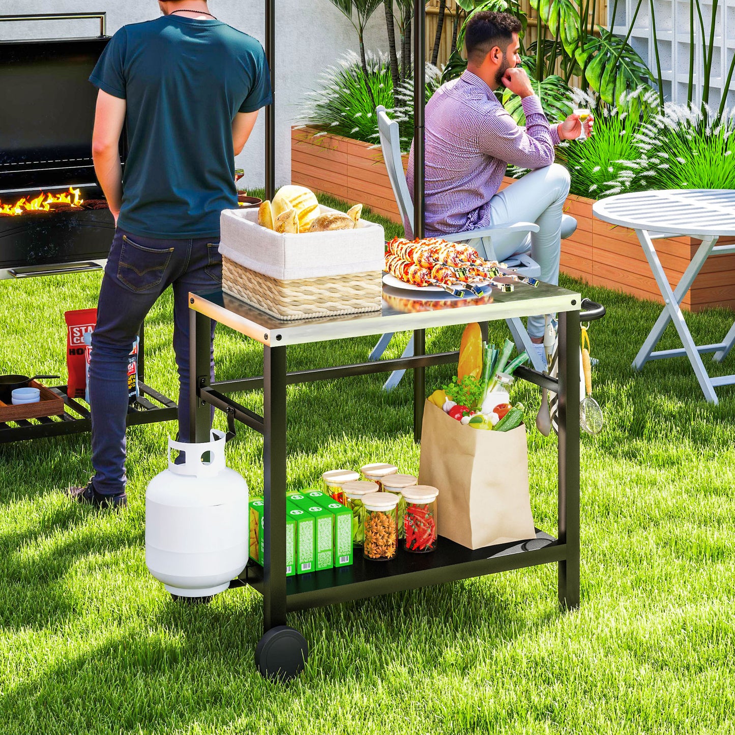 Outdoor Grill Dining Cart with Stainless Steel Tabletop, 2-Shelf BBQ Movable Pizza Oven Stand with Wheels, Charcoal Grey