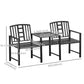 Steel Garden Bench w/ Middle Table, Umbrella Hole, Double Seat for Outdoor, Patio, Backyard Weather-Resistant Frame, Black