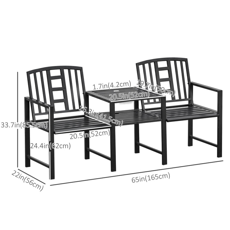 Black Steel Garden Bench with Middle Table