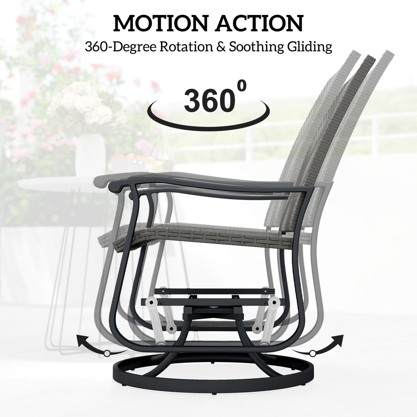 Set of 2 Rattan Patio Glider, Wicker Outdoor Glider Swivel Chair with Steel Frame, High Back for Backyard Porch, Grey