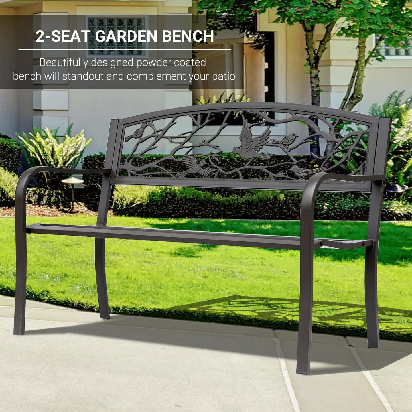 50" Garden Bench Outdoor Loveseat with Vintage Bird Pattern Cast Metal