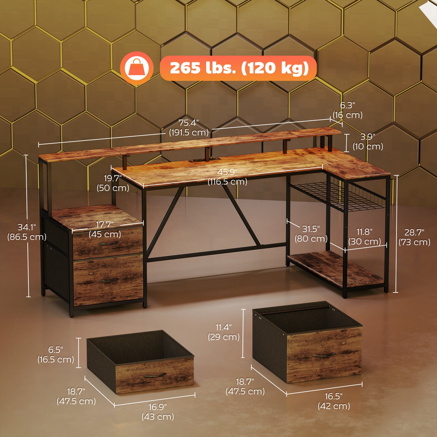 76" Gaming Desk, Computer Table with RGB Lights, USB Ports, Monitor Stand and 2 Fabric Drawers, Rustic Brown