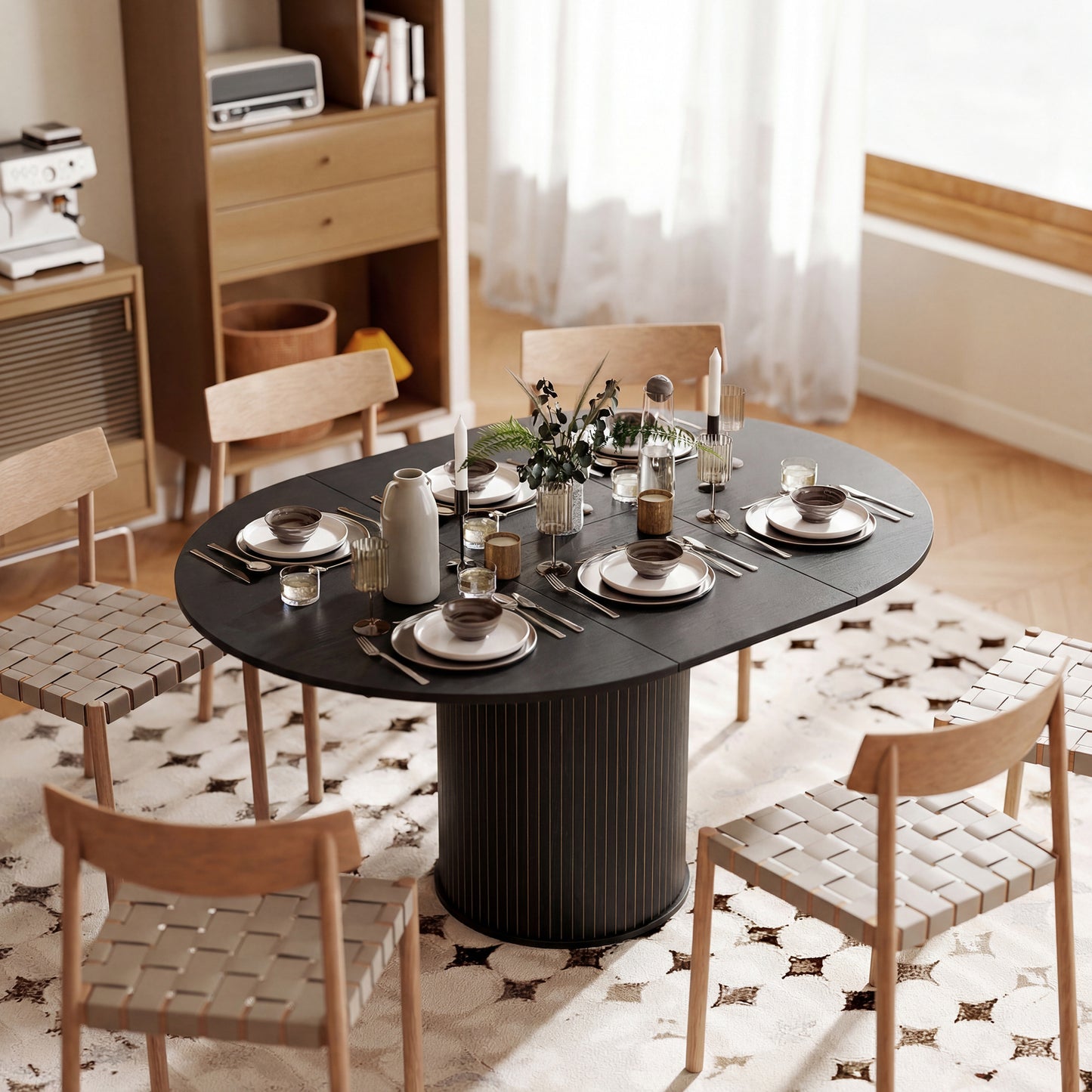 Extendable Kitchen Table for 6-8, 43.5"-59" Farmhouse Dining Table with Pedestal Base Black Wood Grain