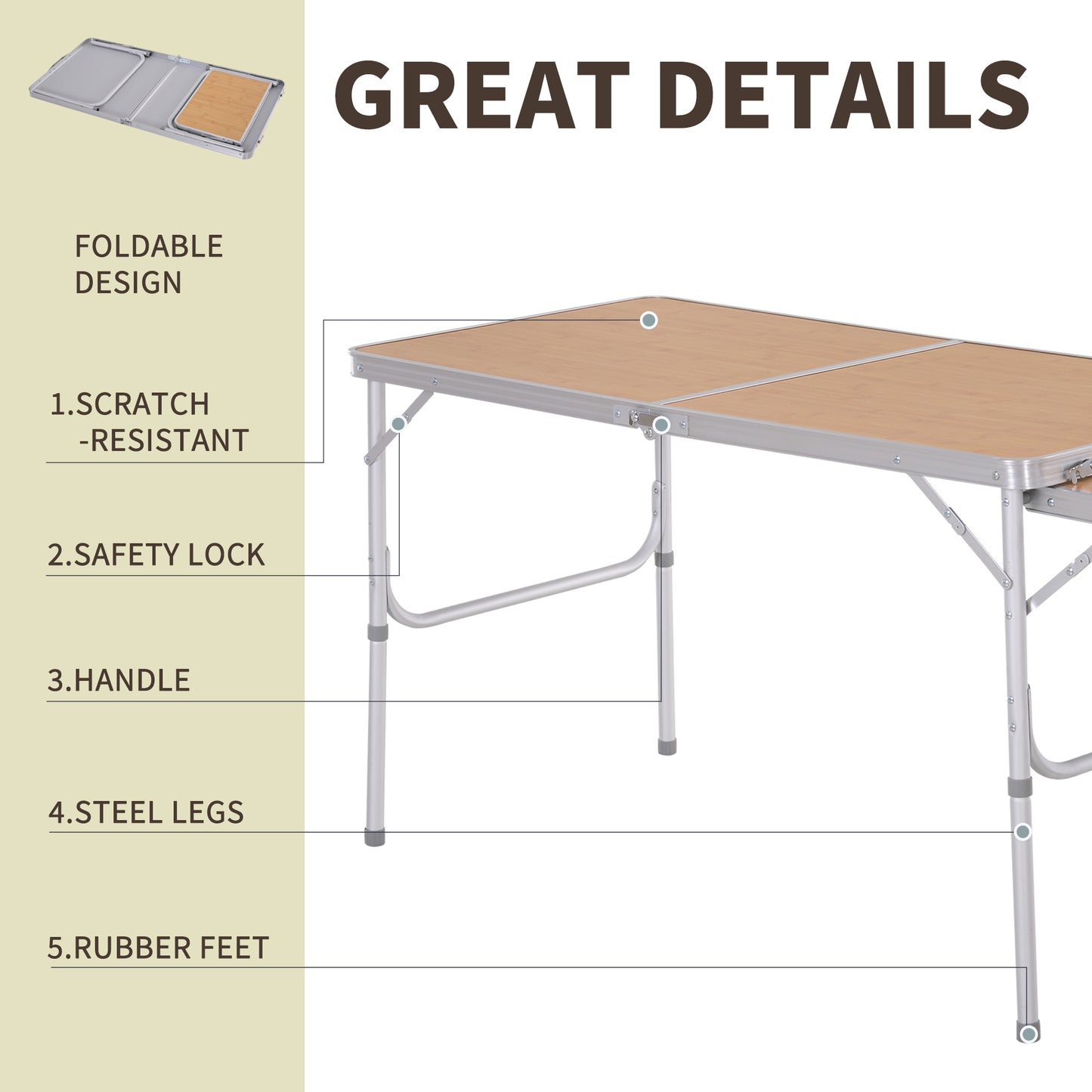 4ft Picnic Table with Slide Shelf Outdoor Portable Aluminum Folding Table 2 Adjustable Height