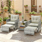 5 Piece Patio Furniture Set, Wicker Patio Chairs with Ottomans, 2-Tier Glass Coffee Table and Cushions, Grey/Cream White