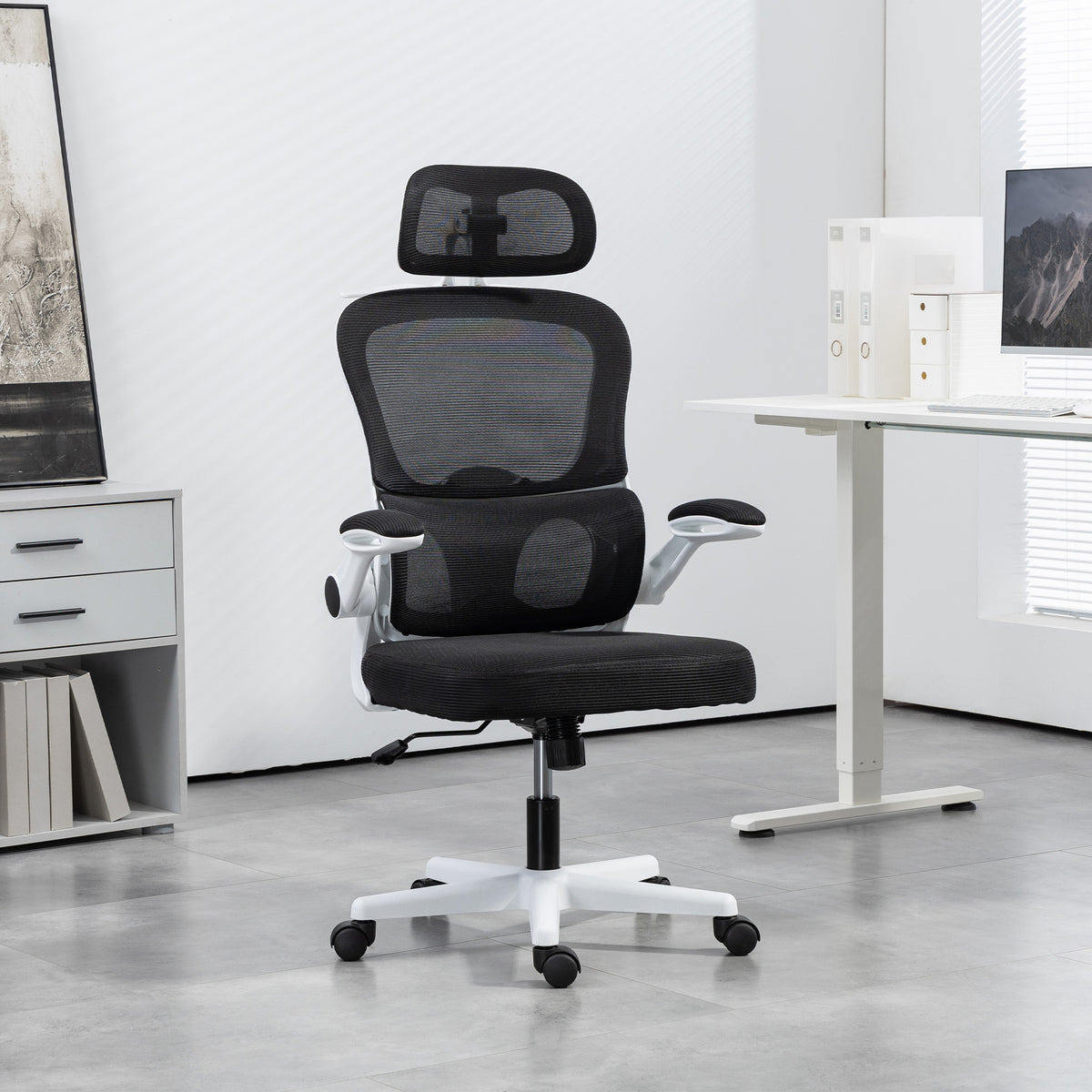 Mesh Office Chair, Ergonomic Desk Chair with Flip-up Armrest, Rotatable Headrest, Adjustable Lumbar Support, Black