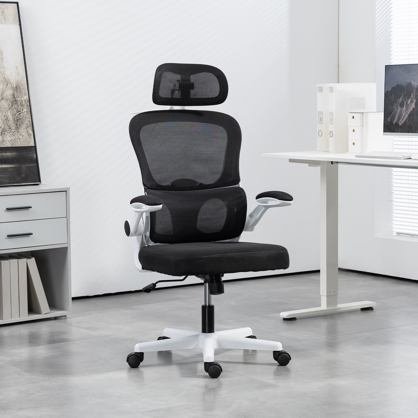 Mesh Office Chair, Ergonomic Desk Chair with Flip-up Armrest, Rotatable Headrest, Adjustable Lumbar Support, Black