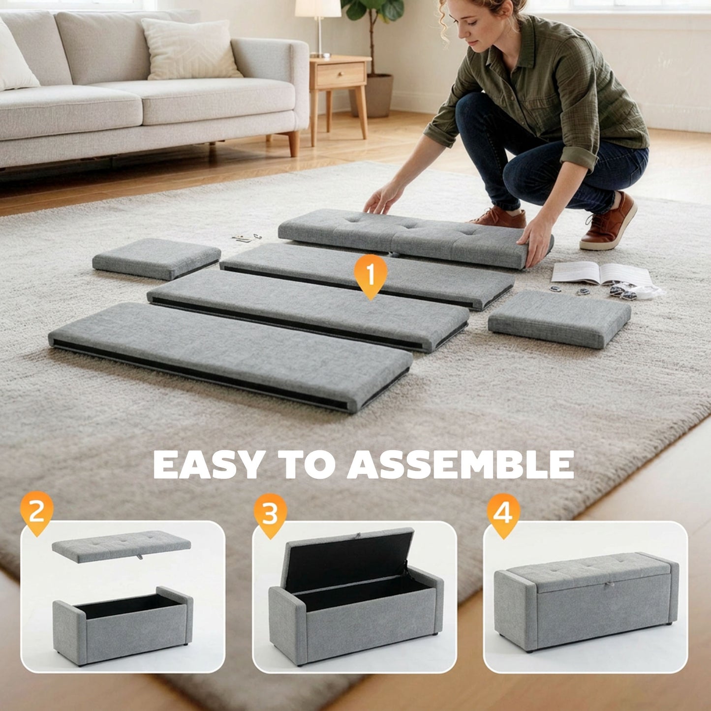 Storage Ottoman Bench, Linen-Look Fabric Upholstered Ottoman with Storage, Wide Padded Seat, Light Grey