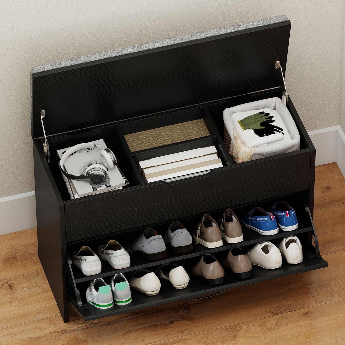 Shoe Storage Bench with Flip Drawer and Lift Top Storage, Entryway Bench with Seat Cushion for Hallway, Black