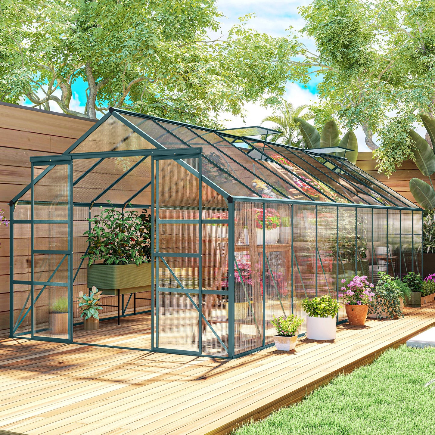 Aluminum Greenhouse Polycarbonate Walk-in Garden Greenhouse Kit with Rain Gutter and Sliding Door, 20' x 8', Green
