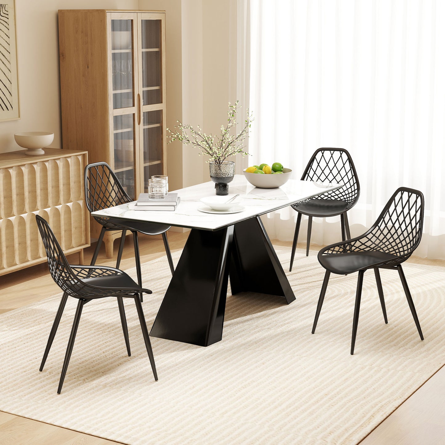 Modern Dining Chairs Set of 4, Plastic Kitchen Chairs with Hollow Backrest and Metal Legs for Living Dining Room, Black