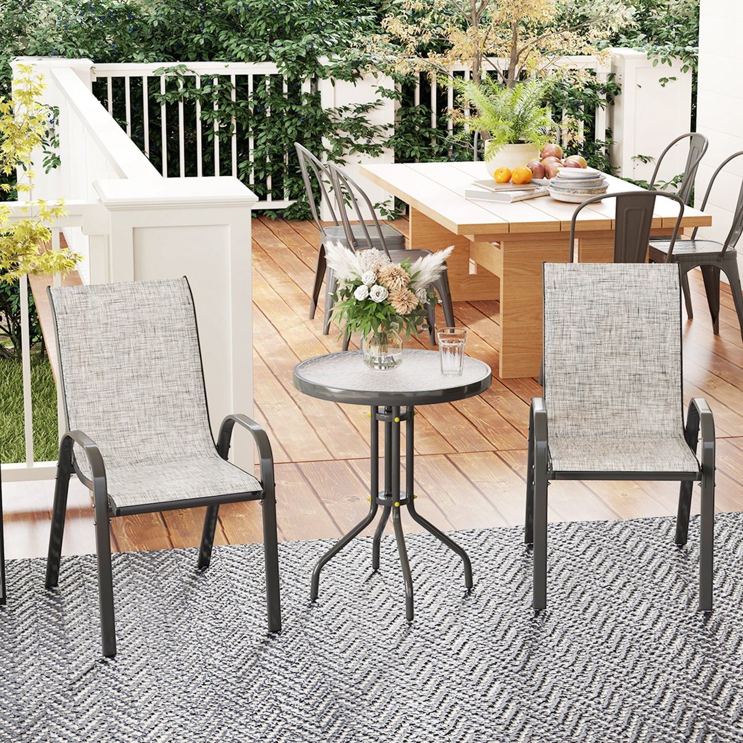 3 Pieces Bistro Set, Small Patio Furniture Set with Stackable Mesh Chairs, Glass Table for Garden, Light Mixed Brown - Grey