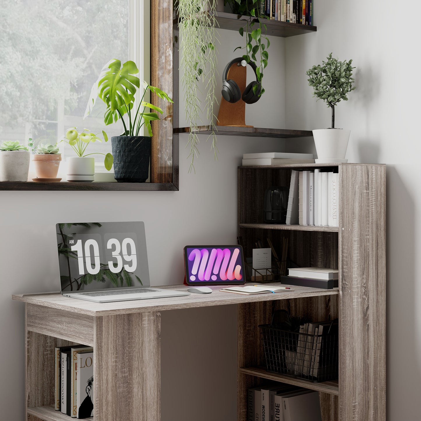 Computer Desk with Storage, PC Table with Bookshelf for Home Office, Study Room, Oak