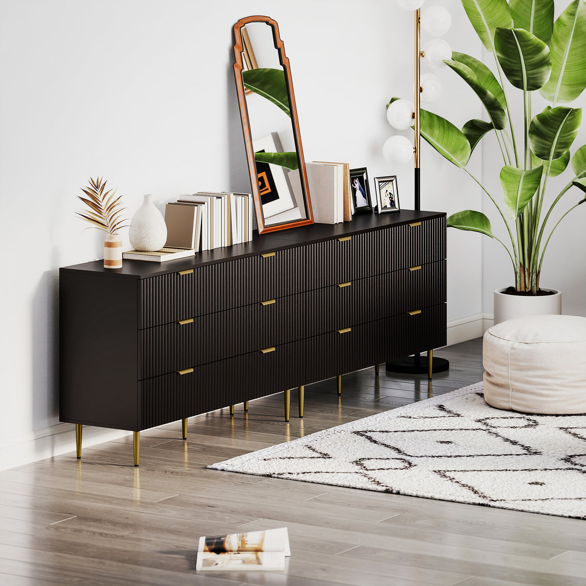 Modern Chest of Drawers 6 Drawer Dresser for Bedroom with Gold Legs and Handles, Black
