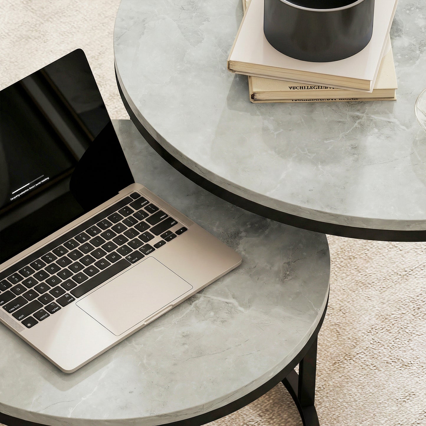 Modern Coffee Table Set of 2, Nesting Side Tables w/ Metal Base for Living Room Bedroom Office Marble Grey