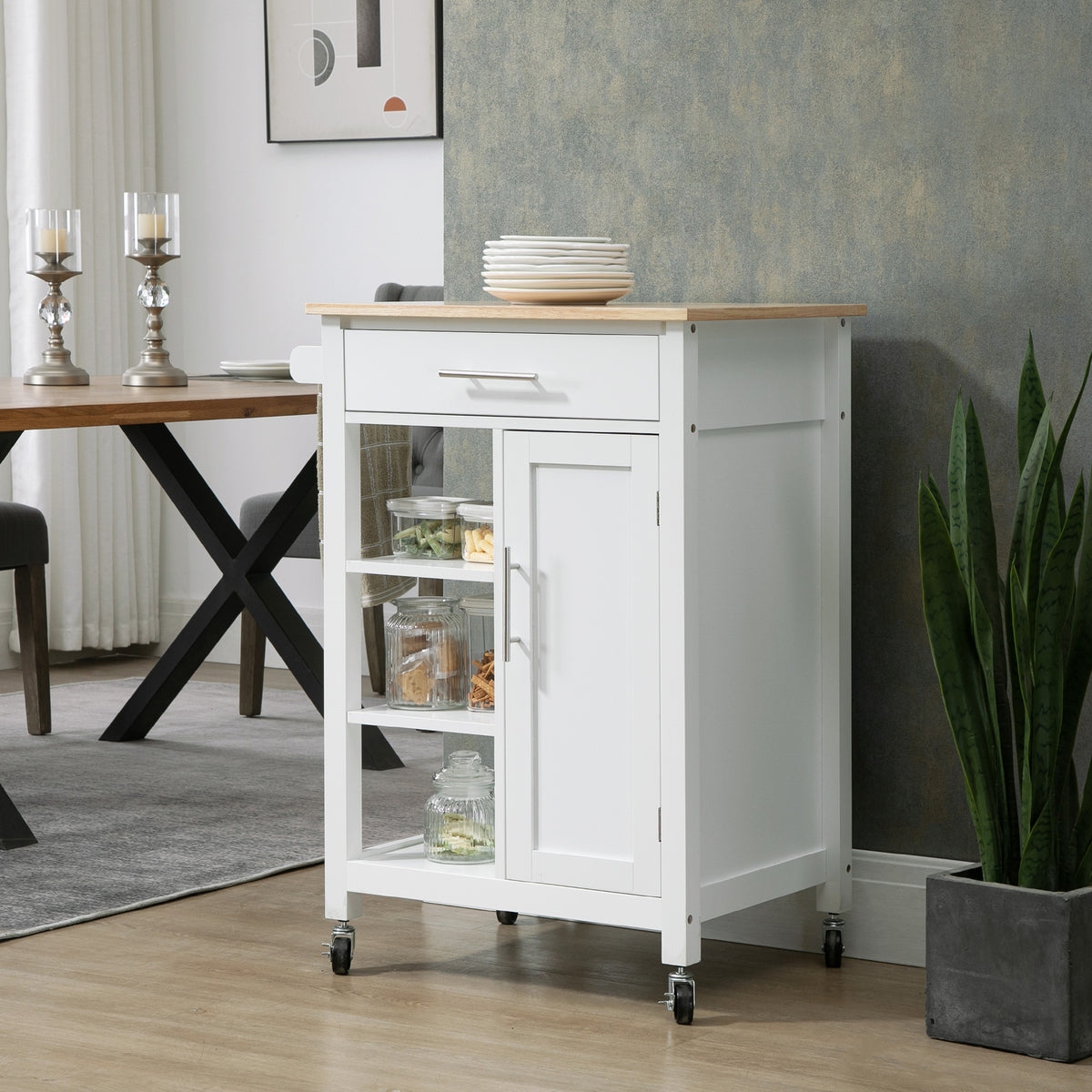 Kitchen Island, Compact Kitchen Cart on Wheels with Open Shelf & Storage Drawer for Dining Room, Kitchen, White