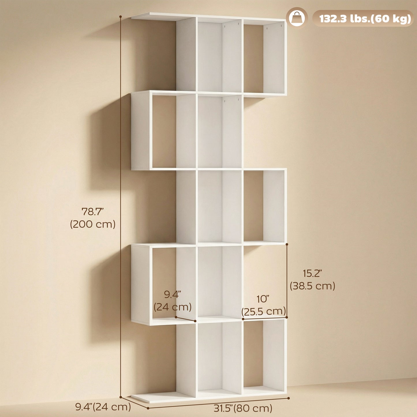 5-Tier Bookshelf, S Shaped Geometric Bookcase with 15 Compartments, White Wood Grain
