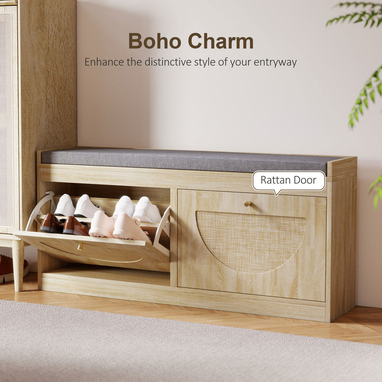 Shoe Bench with Cushion & Flip Doors - Natural Wood