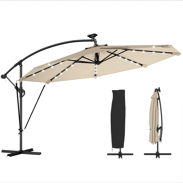 11.3' Khaki UPF50+ Aluminum Cantilever Umbrella with Light