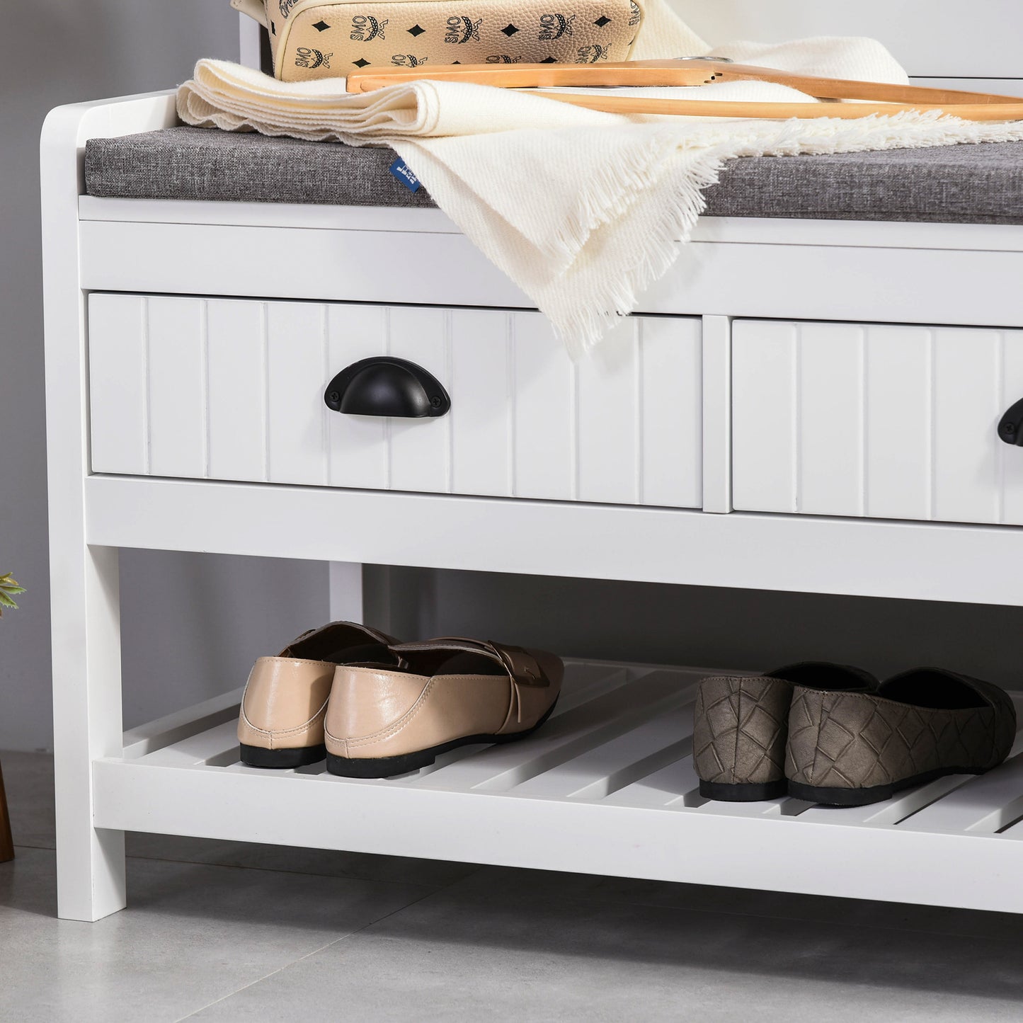 Coat Rack Shoe Bench, Hall Tree with Bench and Shoe Storage, Entryway Bench with 4 Hooks, 2 Drawers, 2 Shelves, White