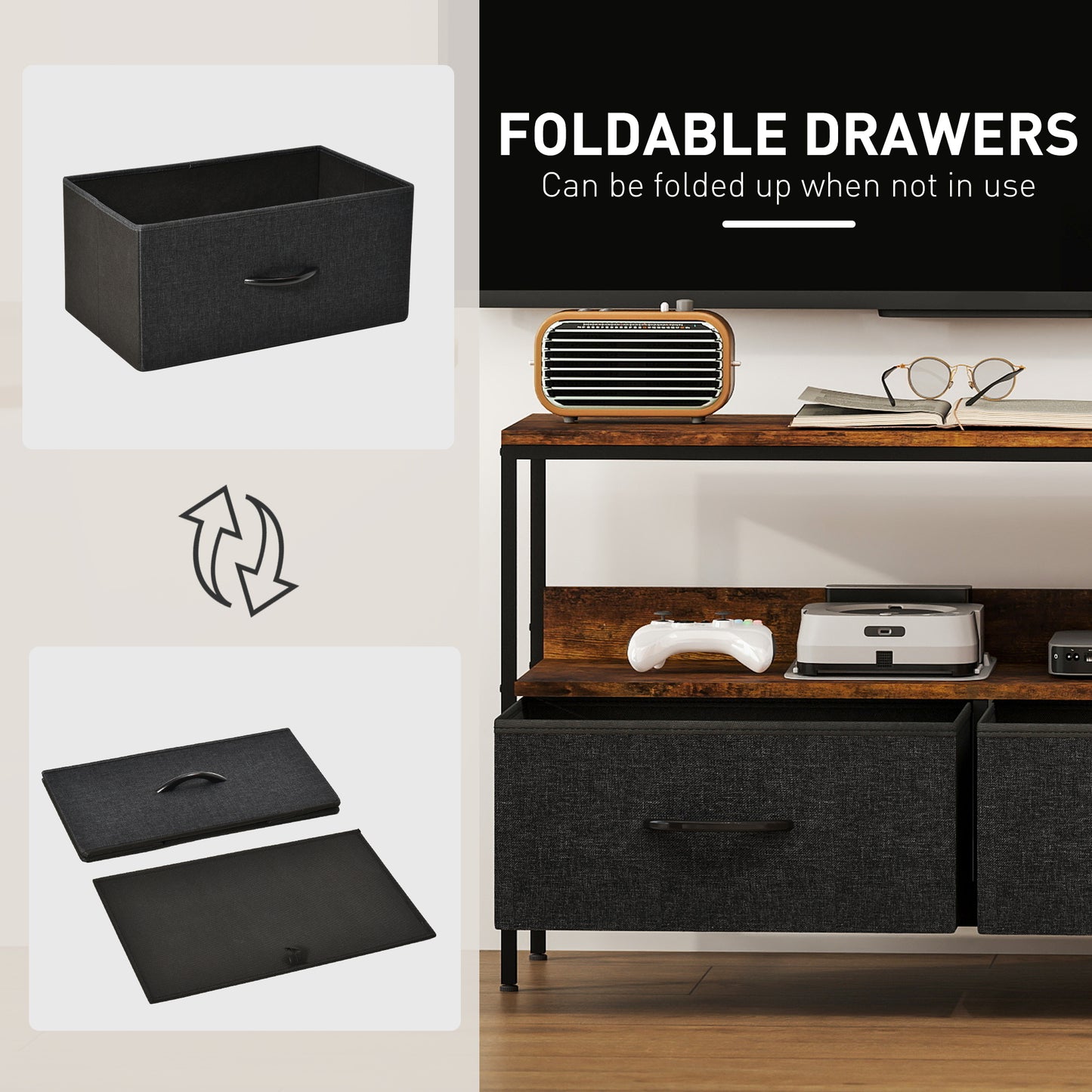 TV Stand with Charging Station, TV Table with 2 Foldable Linen Drawers and Open Shelf for 47 Inch TV, Rustic Brown