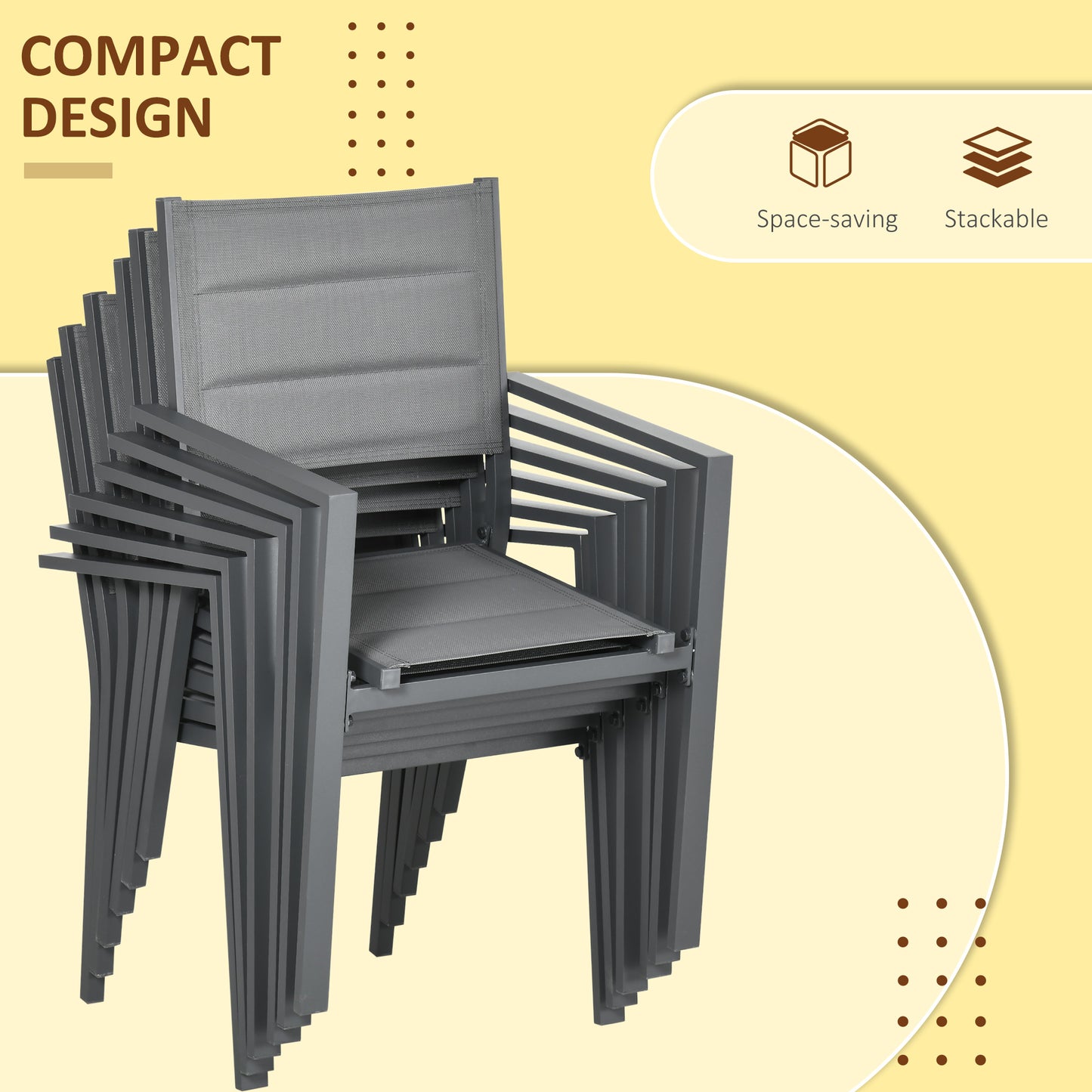 Patio Dining Set for 6, Aluminum Expandable Outdoor Table and 6 Stackable Chairs with Padded Back, Mesh Seat, Black