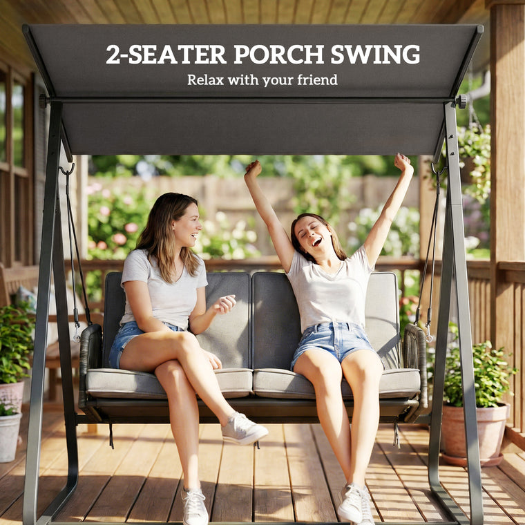 2-Person Rattan Porch Swing with Adjustable Canopy