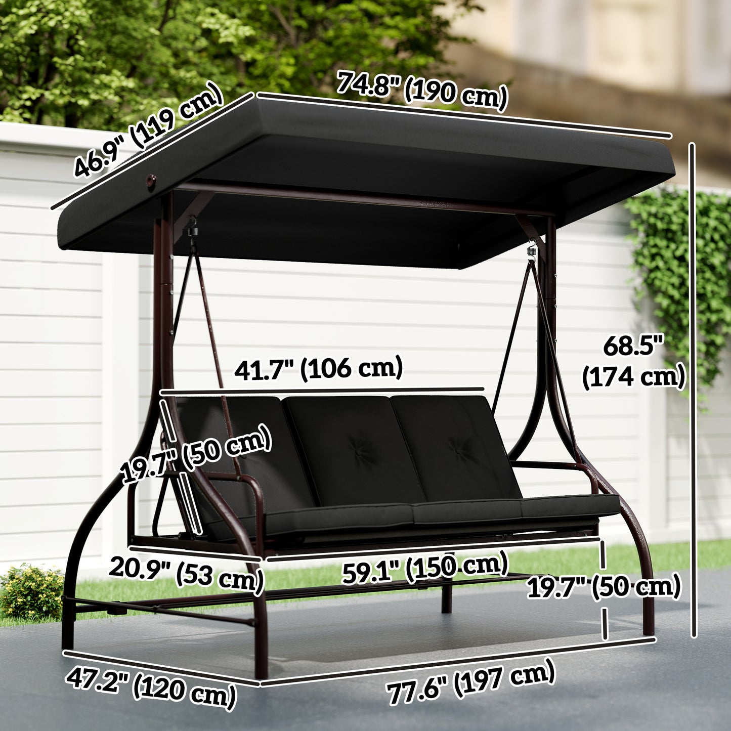 Convertible Patio Swing Bed with Canopy and Cushions, 3 Seater Porch Swing for Outdoor, Backyard, Garden, Black