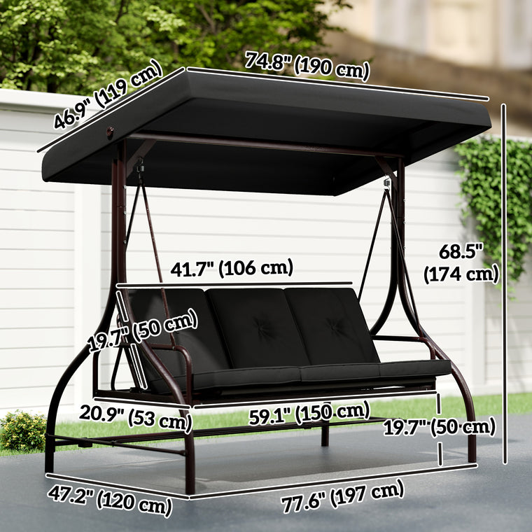 Convertible 3-Seat Porch Swing Bed with Canopy - Black
