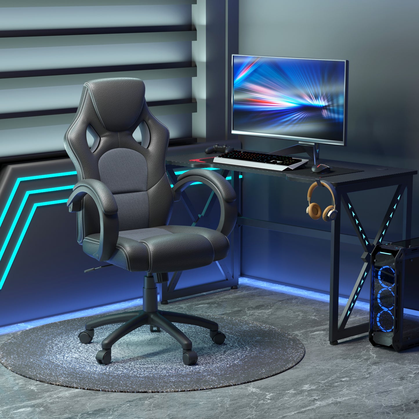 Racing Gaming Chair Office Chair Computer Desk Gamer Chair with Swivel Wheels, Padded Headrest, Tilt Function, Grey
