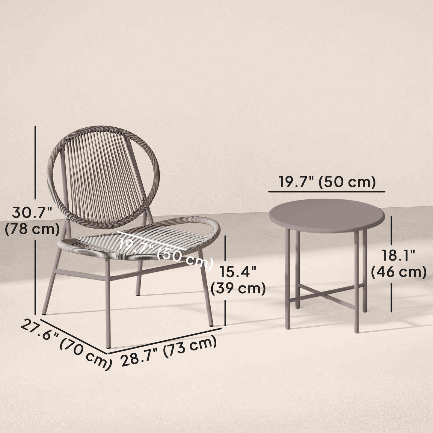 Rattan Bistro Set, 3 Pieces Wicker Patio Furniture Set, Acapulco Chairs and Steel Table for Porch, Balcony, Light Grey
